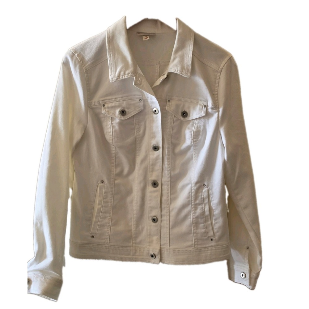 Women's white Denim Stretch Jacket Size Medium Pockets Studded Classic